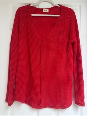 BiBi Bright Red V-Neck Textured Knit Sweater